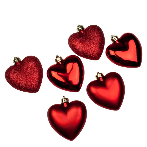 Christmas Red Shatterproof Hearts Mixed Finish - 6 X 70mm