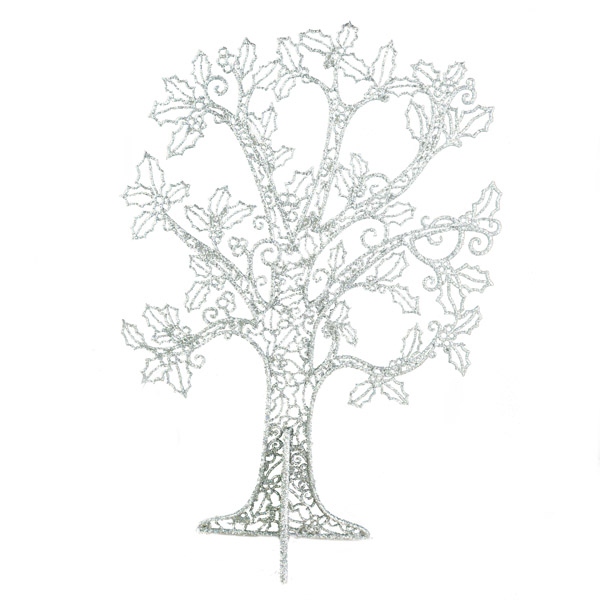 Silver Glitter Finish 2D Filligree Table Top Tree With Stand