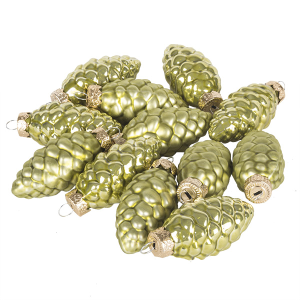 Olive Green Glass Pine Cones - 12 x 60mm