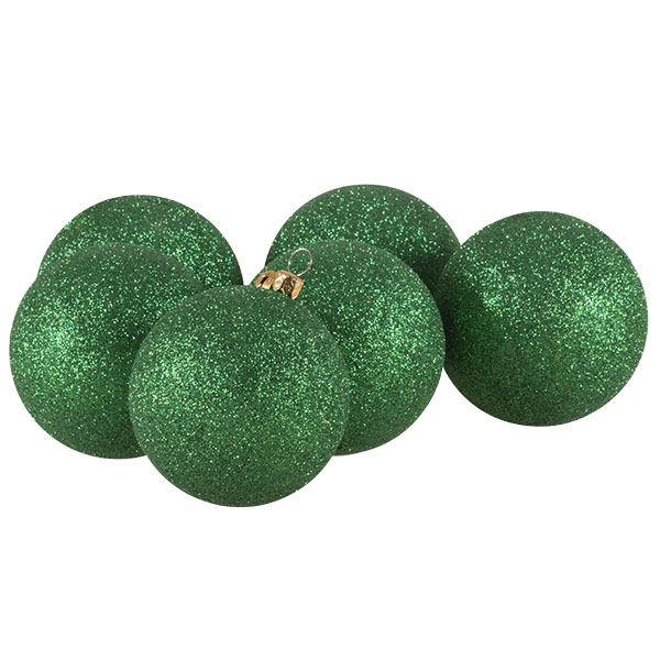 Xmas Baubles - Pack of 6 x 80mm Emerald Green Glitter Shatterproof