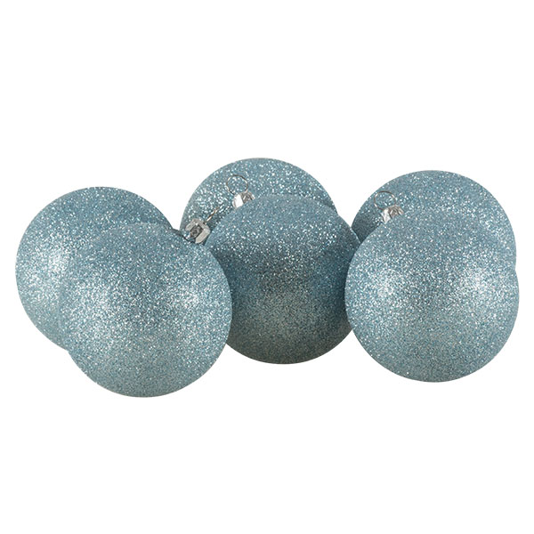 Xmas Baubles - Pack of 6 x 80mm Pale Turquoise Glitter Shatterproof
