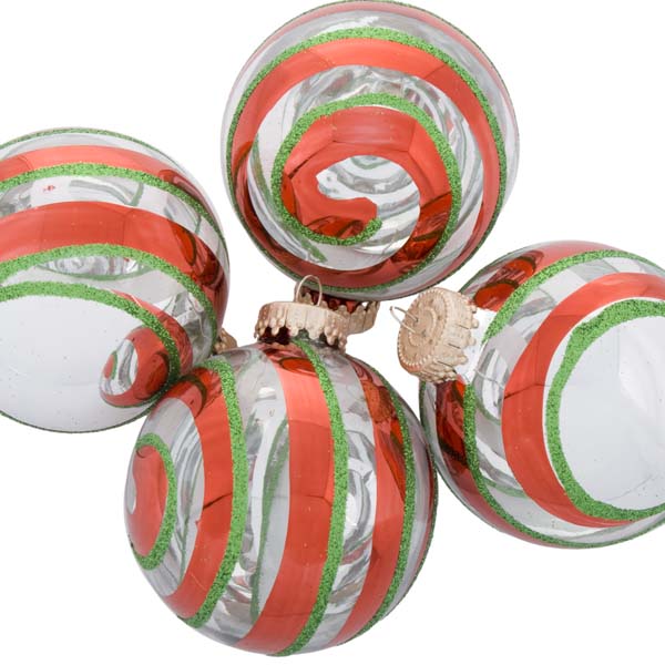 Krebs Box Of Clear Glass Baubles With Red & Green Swirl Decoration - 4 x 60mm