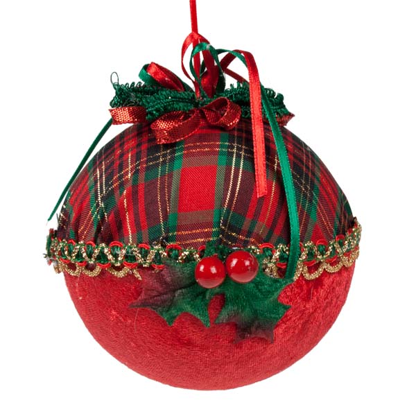 Red & Tartan Bauble With Holly Decoration - 100mm