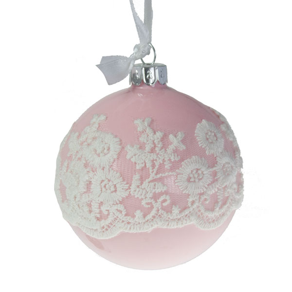 Pale Pink Bauble With Lace Effect Trim - Design 3 - 80mm