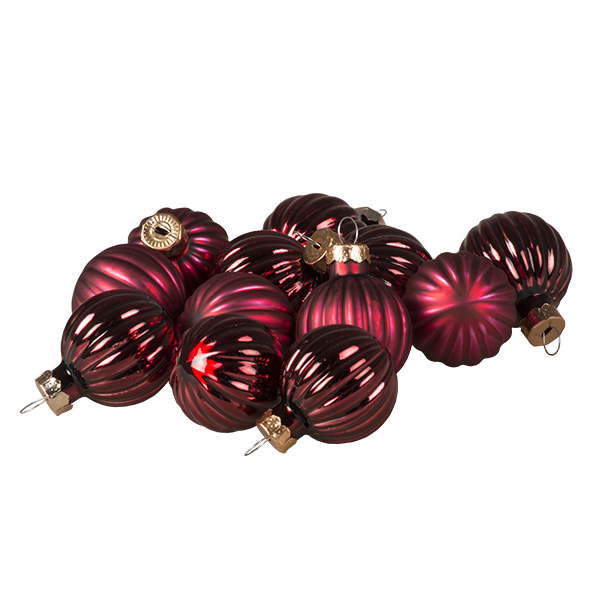 Dark Red Ribbed Glass Baubles - 12 x 3cm