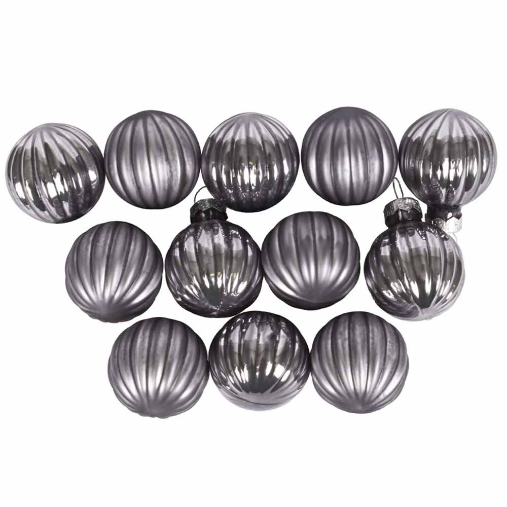 Stone Grey Ribbed Glass Baubles - 12 x 3cm