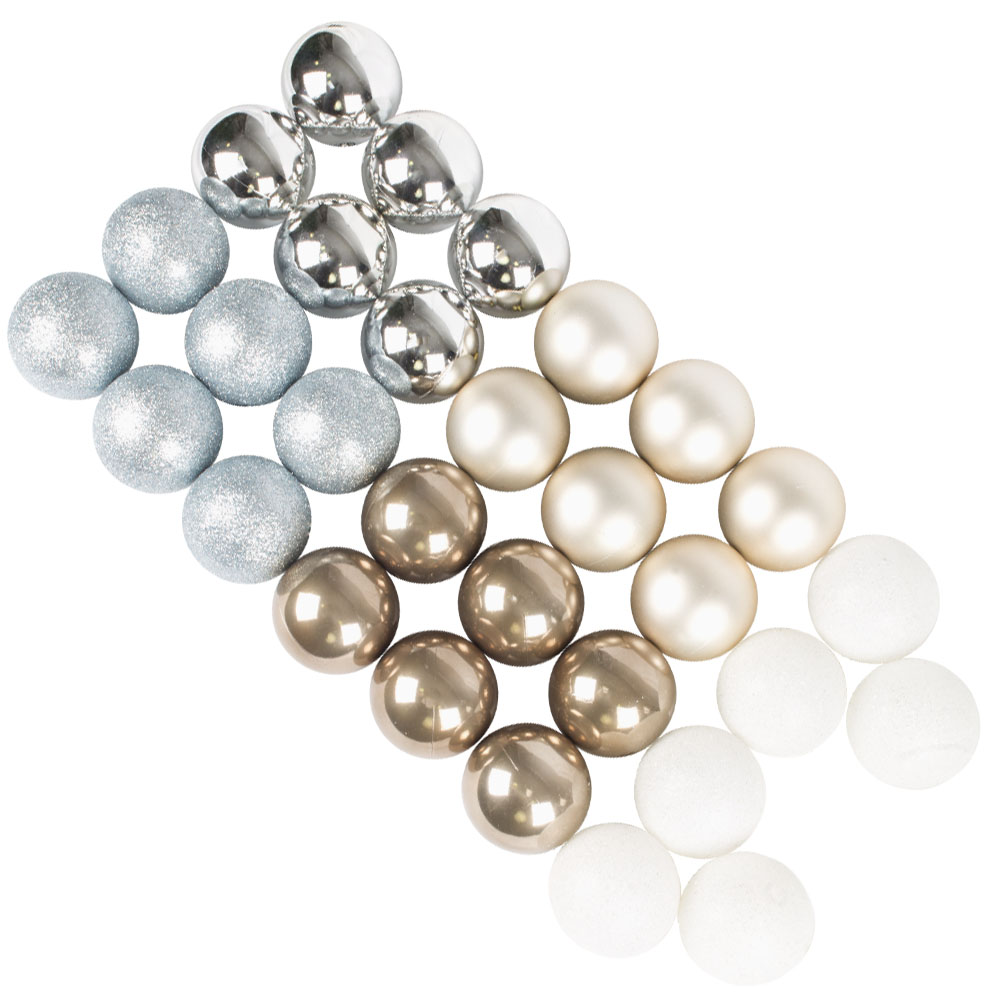 Silver, Light Blue, Pearl, Pale Brown & White Assorted Shatterproof Baubles - 30 x 60mm