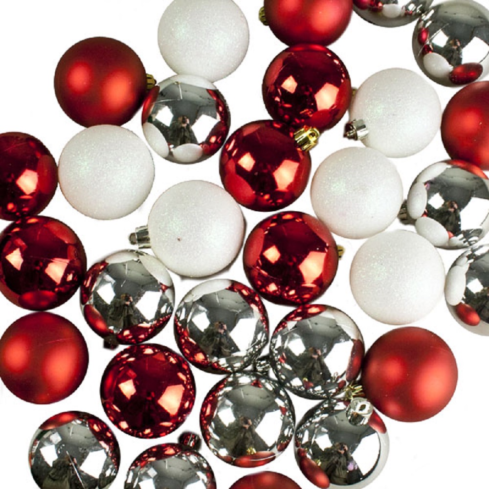Silver, Red & White Assorted Shatterproof Baubles - 30 x 60mm