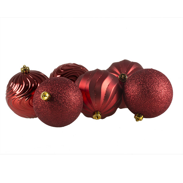 Christmas Red Mixed Finish Decorative Shatterproof Baubles - 6 X 100mm