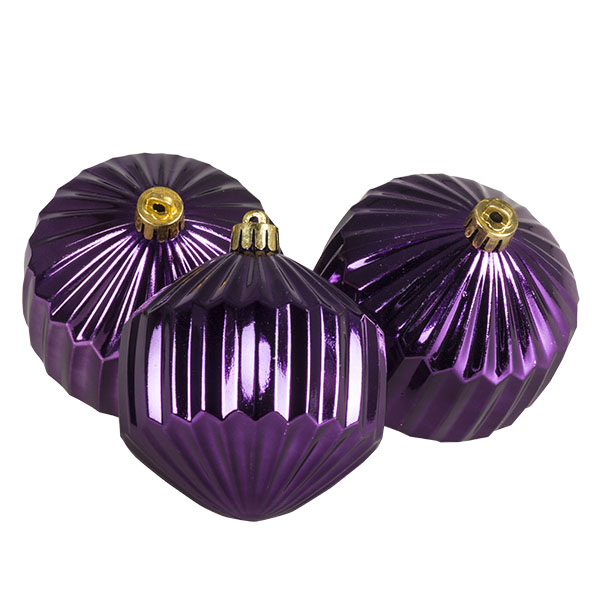 Purple Geometric Shaped Ribbed Shatterproof Baubles - Pack of 3 x 80mm
