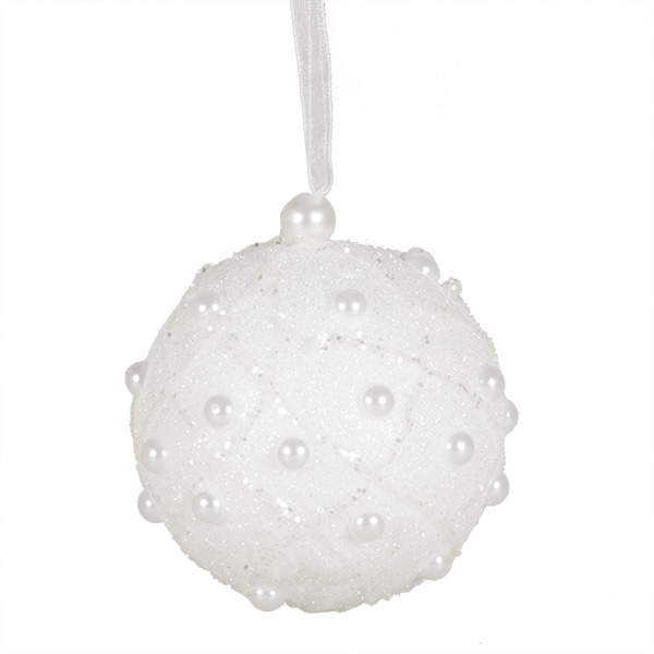White Decorative Bauble With Glitter And Pearls - 80mm