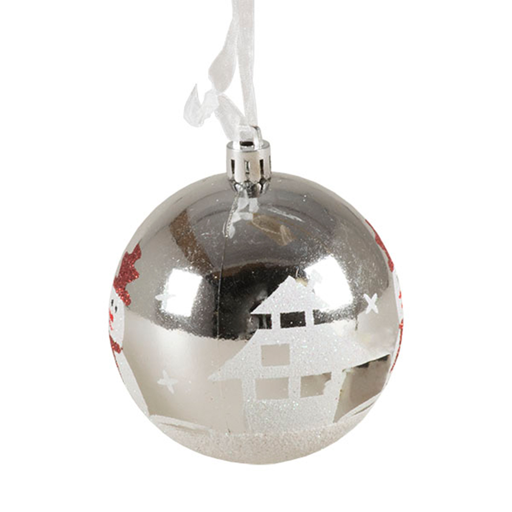 Silver Shiny Shatterproof Bauble With Glitter Snowman Design - 80mm