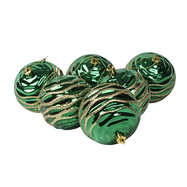 Green Rippled Shatterproof Baubles With Glitter Pattern - Pack of 6 x 80mm