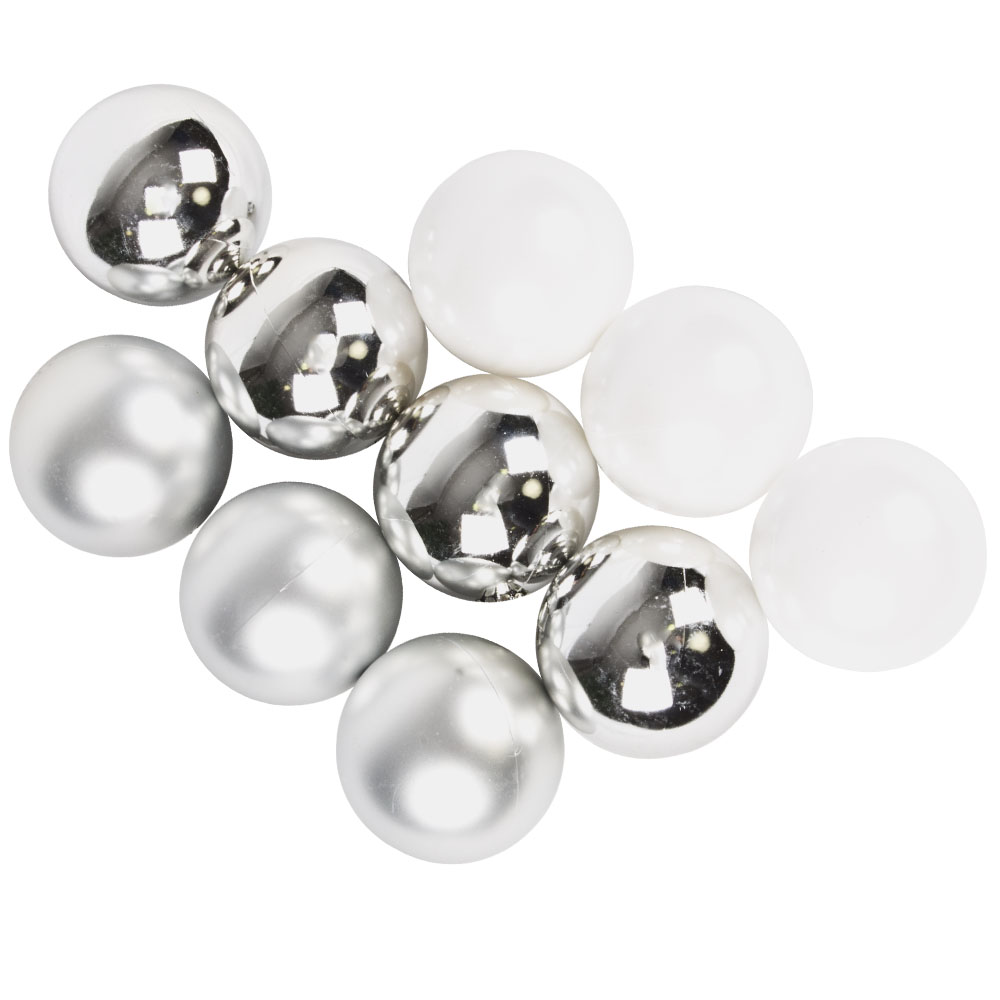 Tube Of Silver & White Assorted Shatterproof Baubles - 10 X 60mm