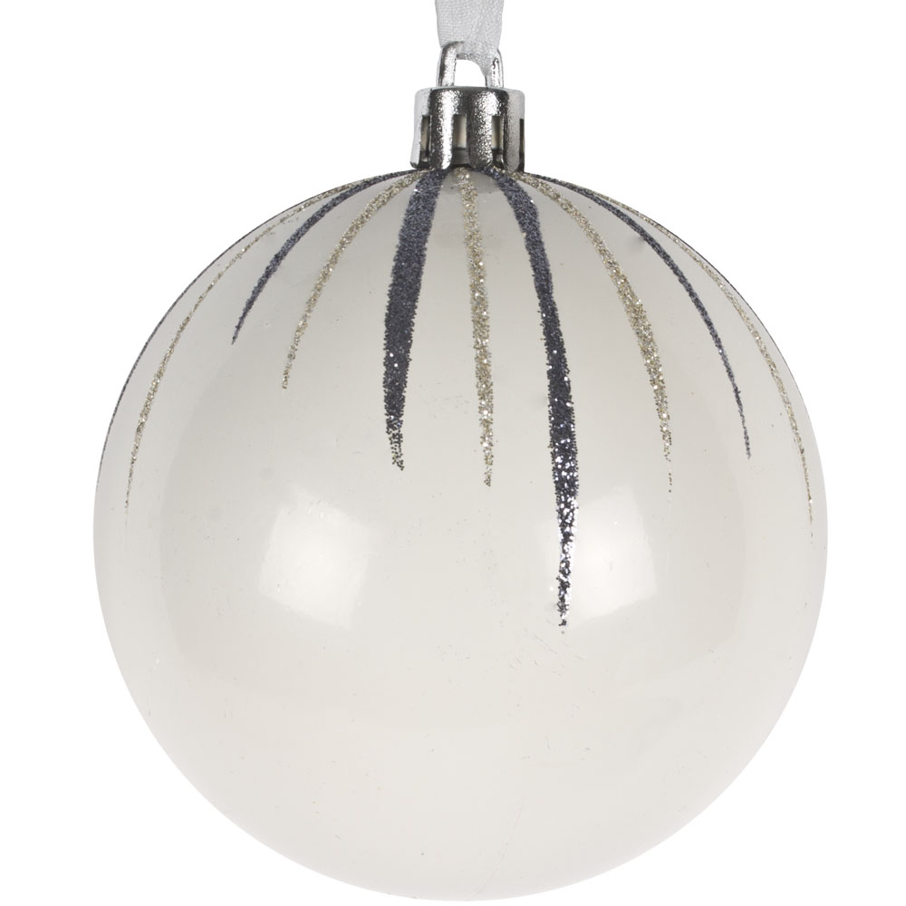 Ivory Shatterproof Bauble With Grey Glitter Stripes - 80mm