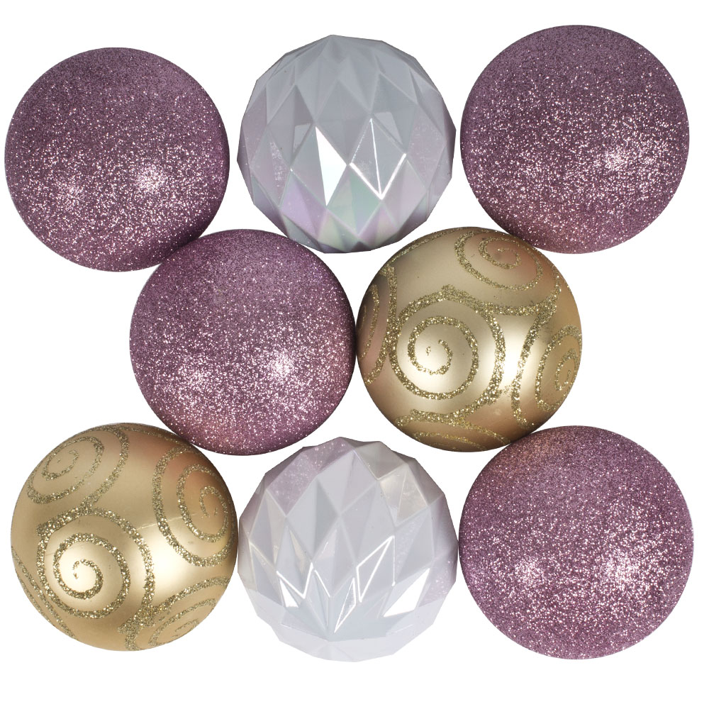 Pack Of Mixed Finish Pink, White Iridescent & Gold Shatterproof Baubles - 8 X 80mm