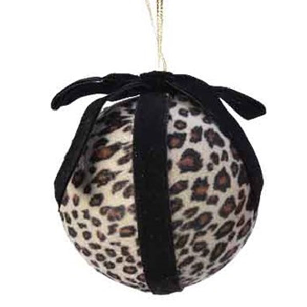 Cream Leopard Print Bauble With Black Ribbon - 100mm