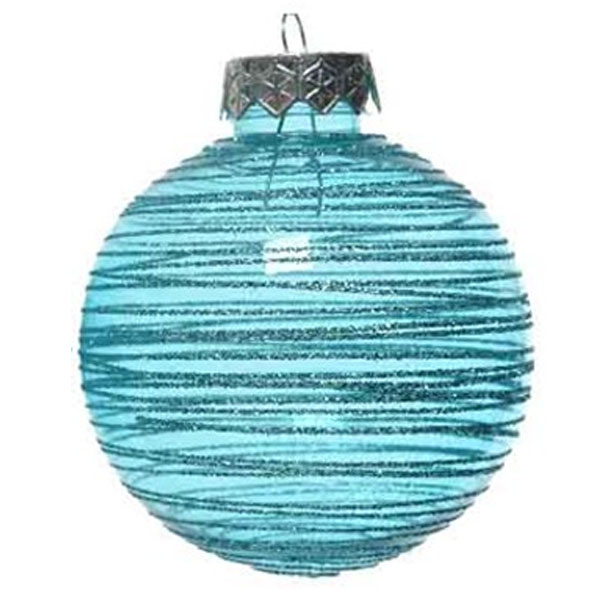 Turquoise Tinted Transparent Shatterproof Bauble With Glitter Stripes - 80mm