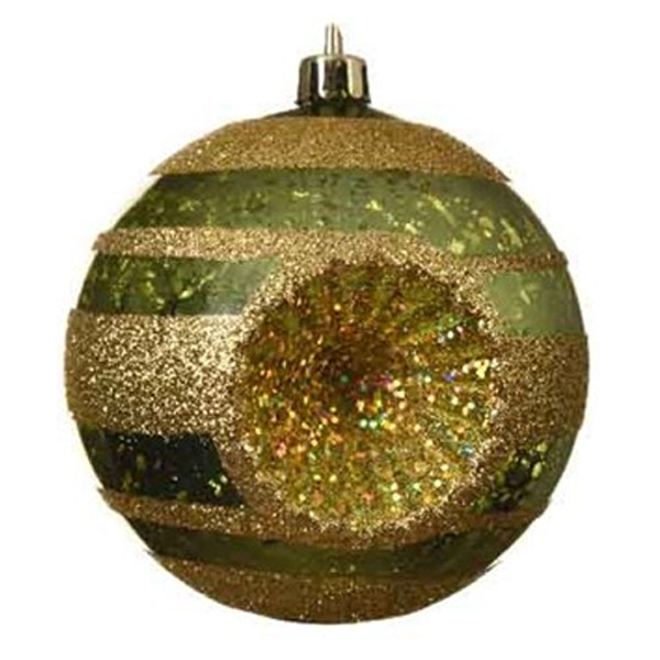 Traditional Design Dark Green Shiny Shatterproof Reflector Bauble With Gold Glitter Stripes - 80mm