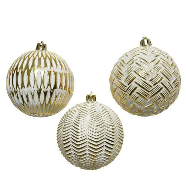 Pack Of 3 White And Gold Textured Shatterproof Baubles - 80mm