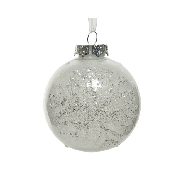 White Shatterproof Bauble With Silver Glitter Snowflake - 100mm