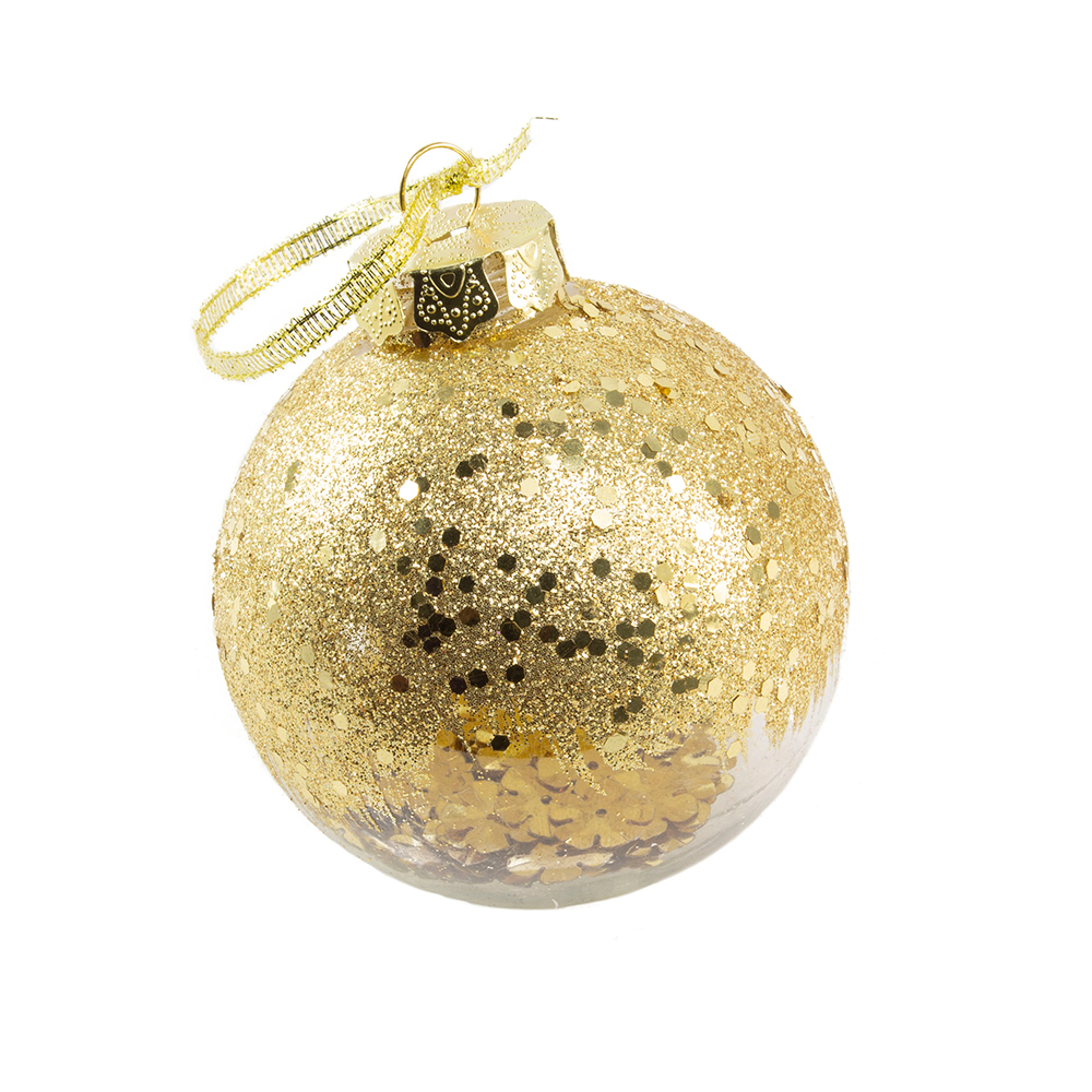 Clear Shatterproof Bauble With Gold Glitter & Gold Foil Flowers Inside - 80mm