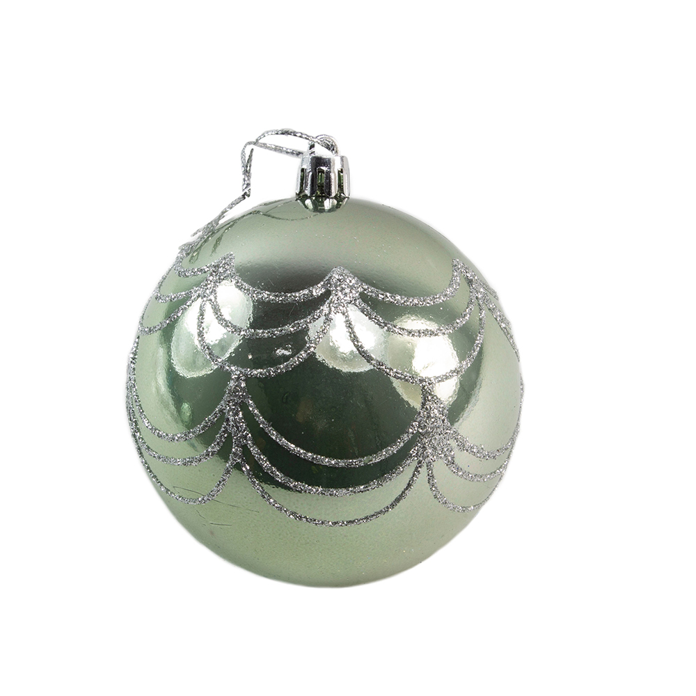 Shiny Sage Green Shatterproof Bauble With Silver Glitter Design - 80mm