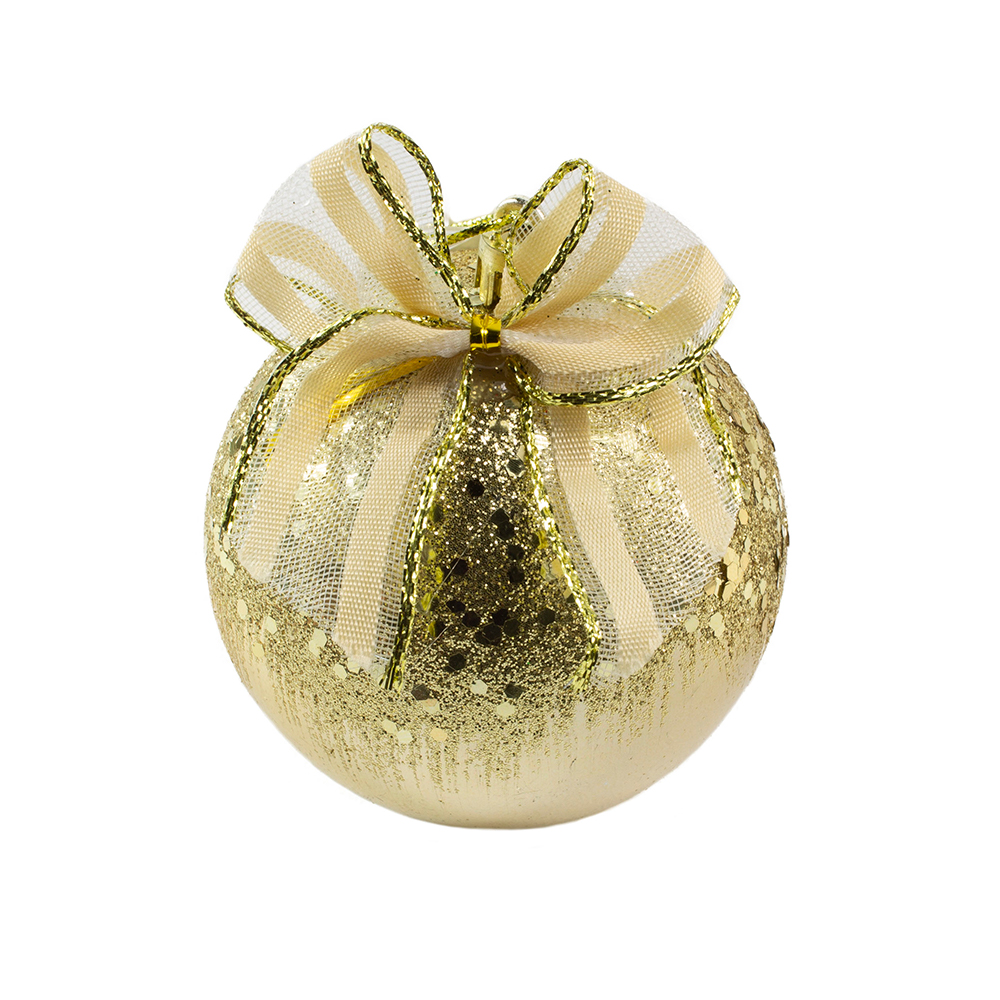 Gold Decorated Shatterproof Bauble With Glitter & Gold Bow - 80mm