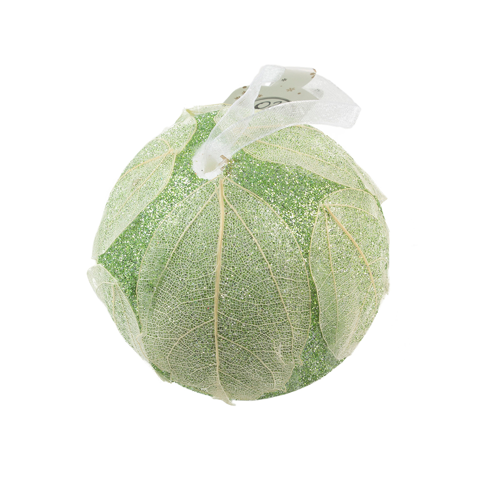 Sage Green Glitter Bauble With White Leaf Design - 80mm