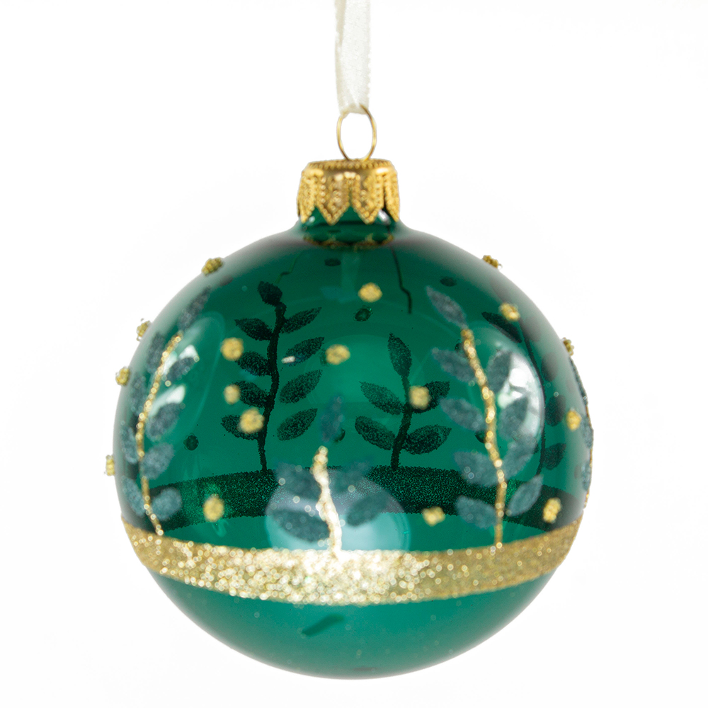 End Of Line Clearance 80mm Green Transparent With Gold Glitter Design Glass Bauble