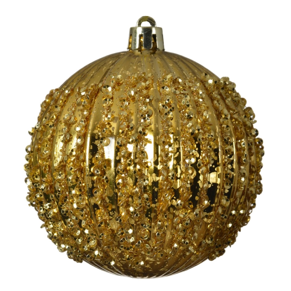 Shatterproof Gold Bead Ribbed Bauble - 80mm