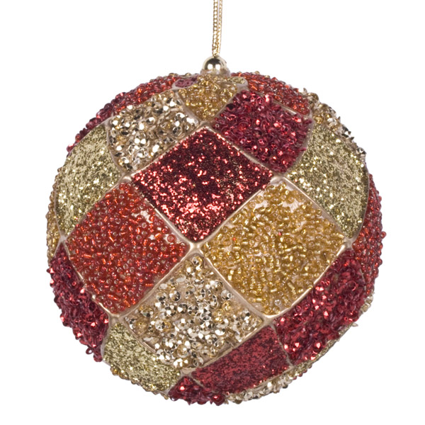 Red & Gold Decorative Harlequin Beaded Ball - 10cm