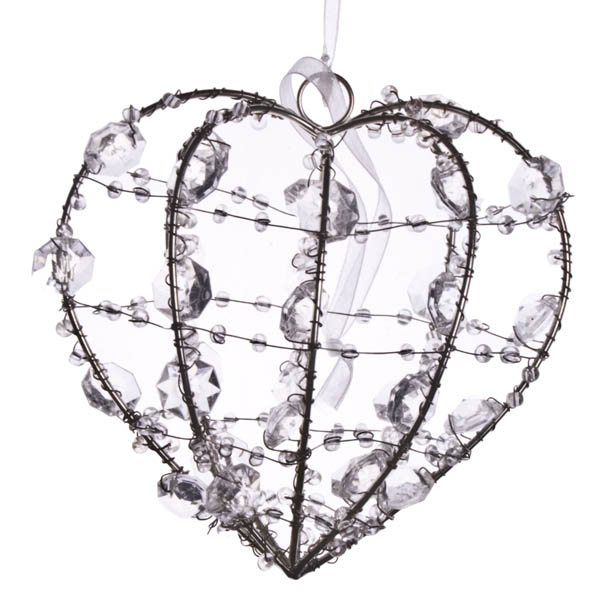 3D Wire Heart Decoration With Acrylic Beads - 13cm