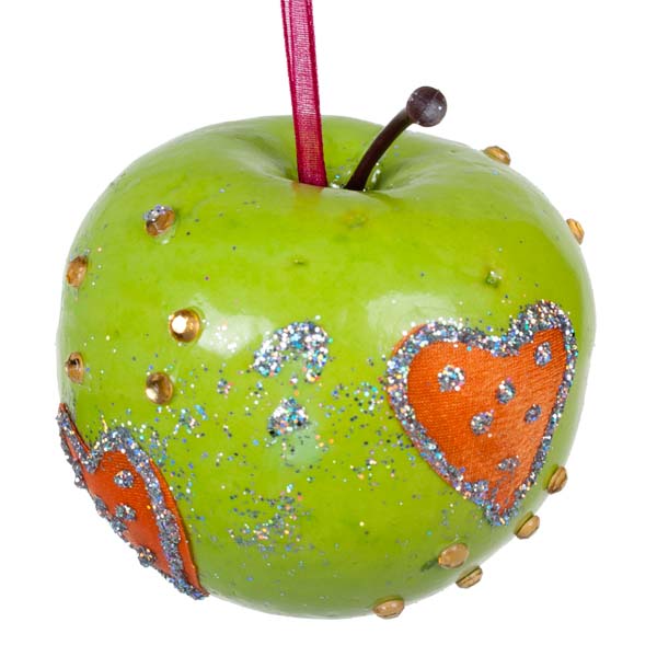 Green Apple Hanging Decoration With Hearts - 70mm