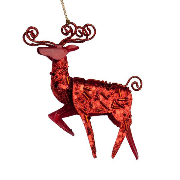 Glitter and Bead Red Metal Reindeer Decoration - 12cm