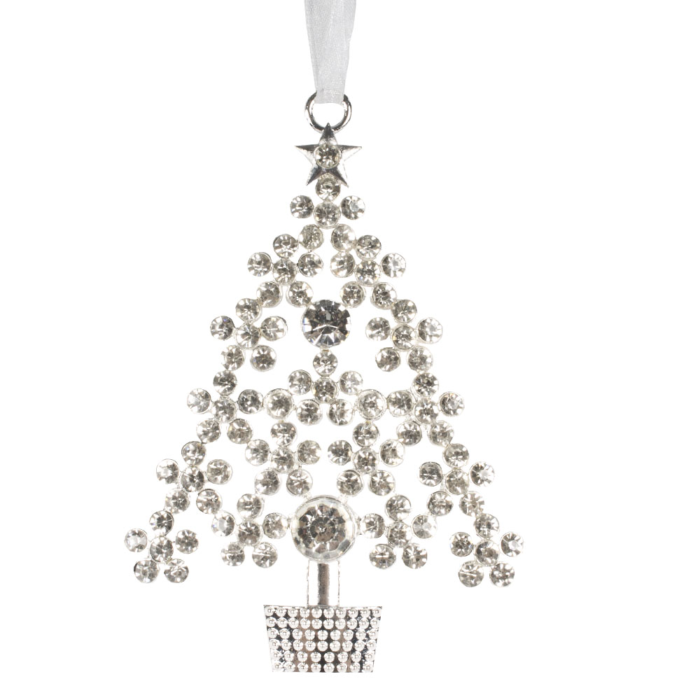 Silver Metal Tree Hanging Decoration With White Organza Ribbon - 10cm
