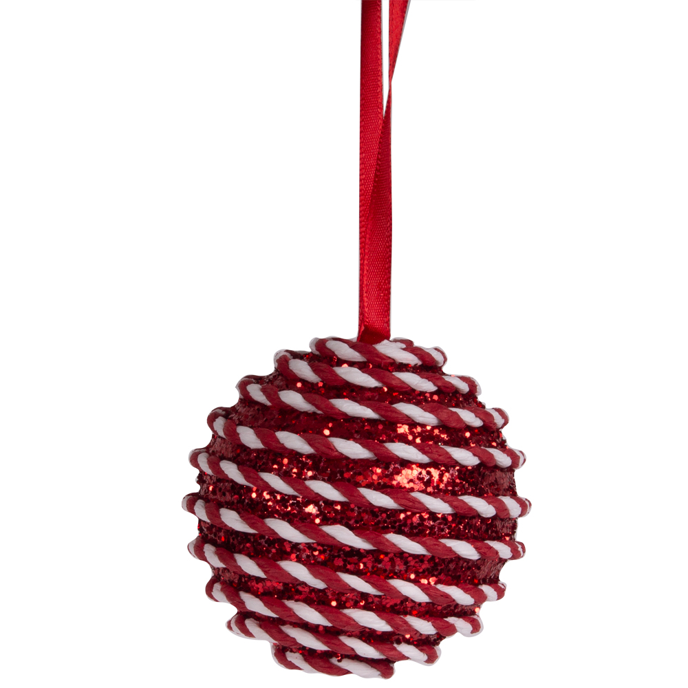 Red & White Candy Striped Hanging Decoration - 80mm Bauble