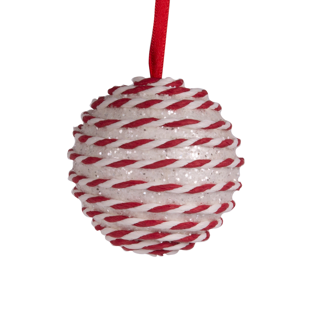White & Red Candy Striped Hanging Decoration - 100mm Bauble