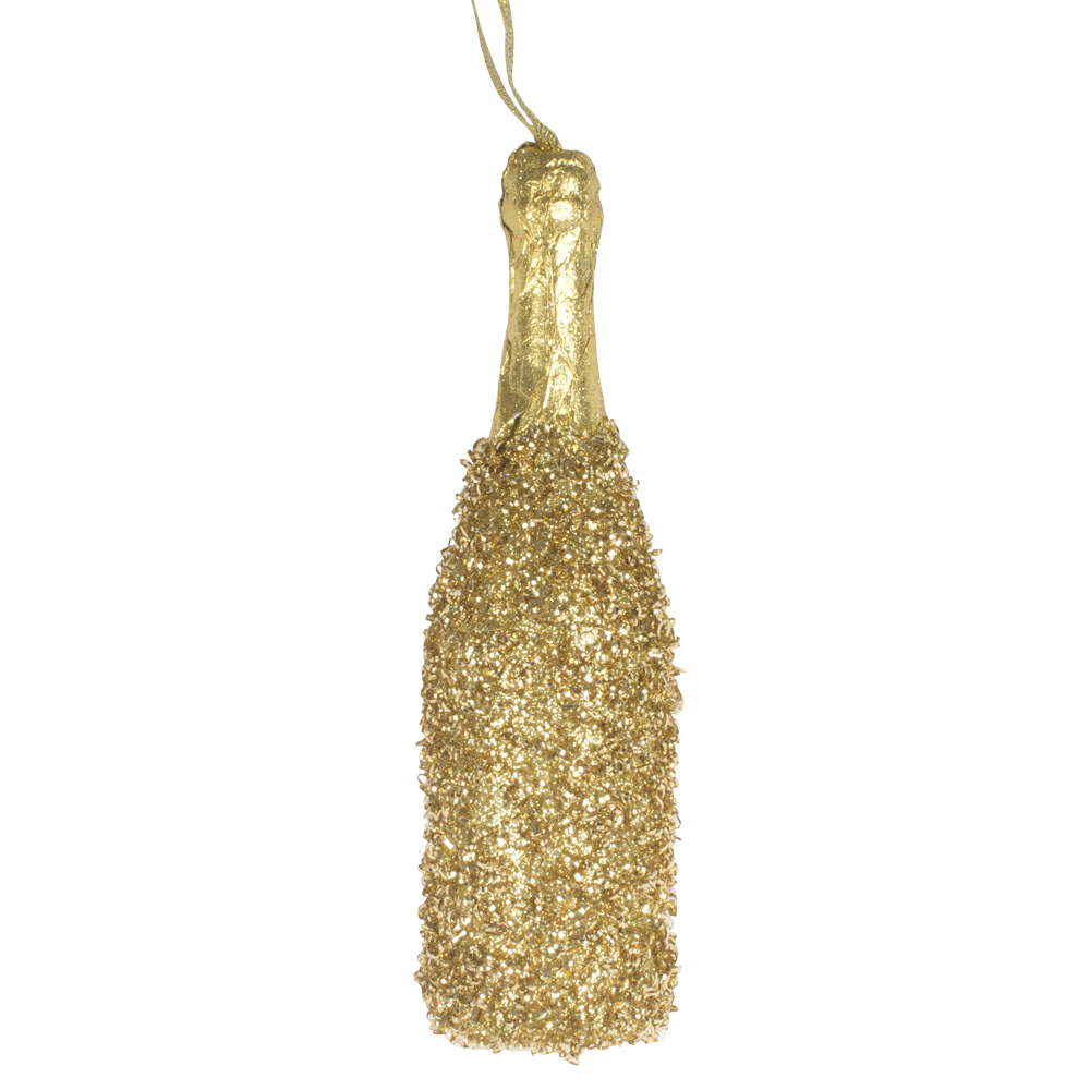 Gold Glitter Champagne Bottle Hanging Decoration - 13cm