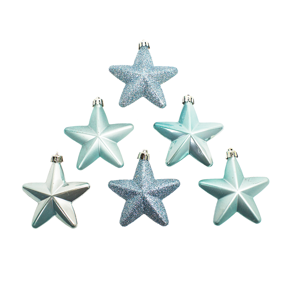 Pack Of 6 x 75mm Mixed Finish Shatterproof Star Hanging Decorations - Arctic Blue