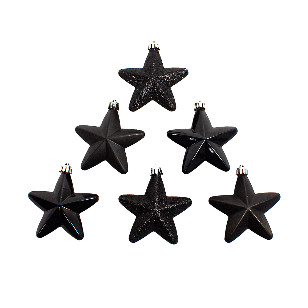 Pack Of 6 x 75mm Mixed Finish Shatterproof Star Hanging Decorations - Black