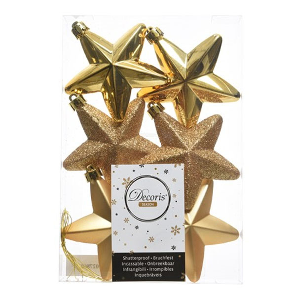 Pack Of 6 x 75mm Mixed Finish Shatterproof Star Hanging Decorations - Gold