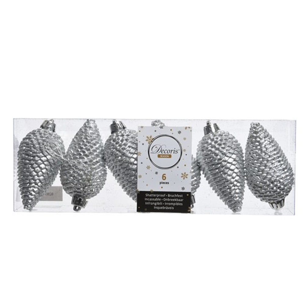 Pack Of 6 Silver Shatterproof Glitter Pinecone Decorations - 4.5cm X 8cm