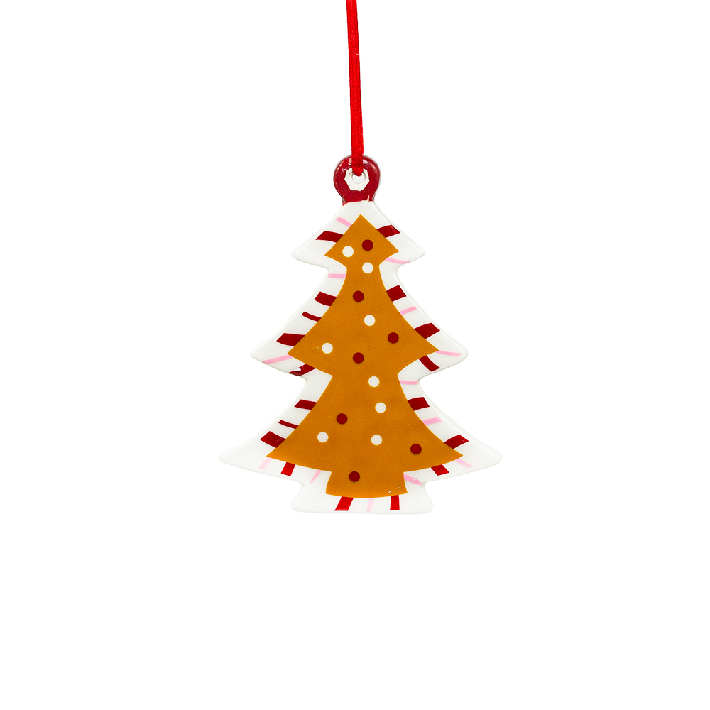 Ceramic Gingerbread Tree Hanging Decoration With Red Ribbon Hanger