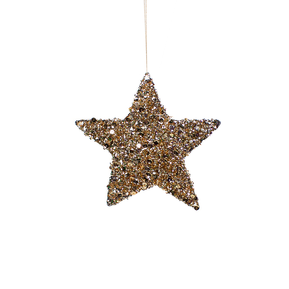 Champagne Gold Star Hanging Decoration With Pearls and Spangles - 150mm