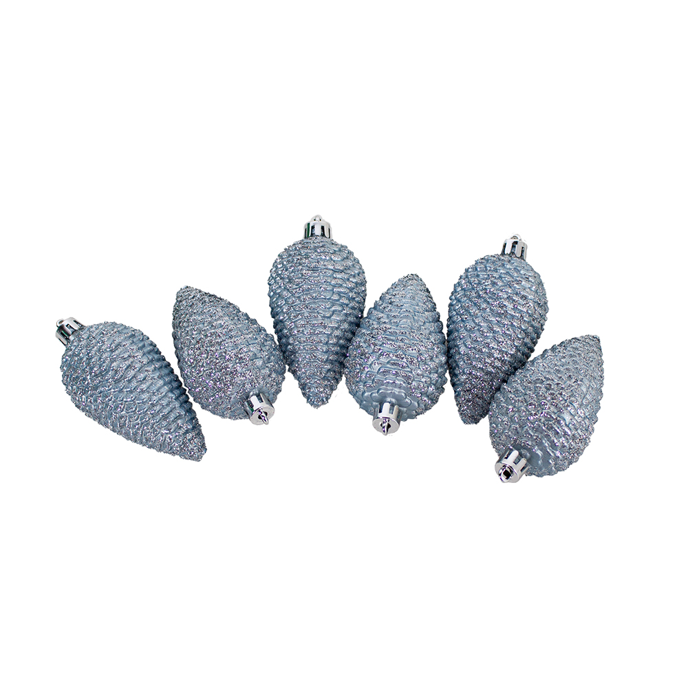 Pack of 6 Misty Blue 2022 Fashion Colour Shatterproof Glitter Pinecone Decoration - 4.5cm X 8cm
