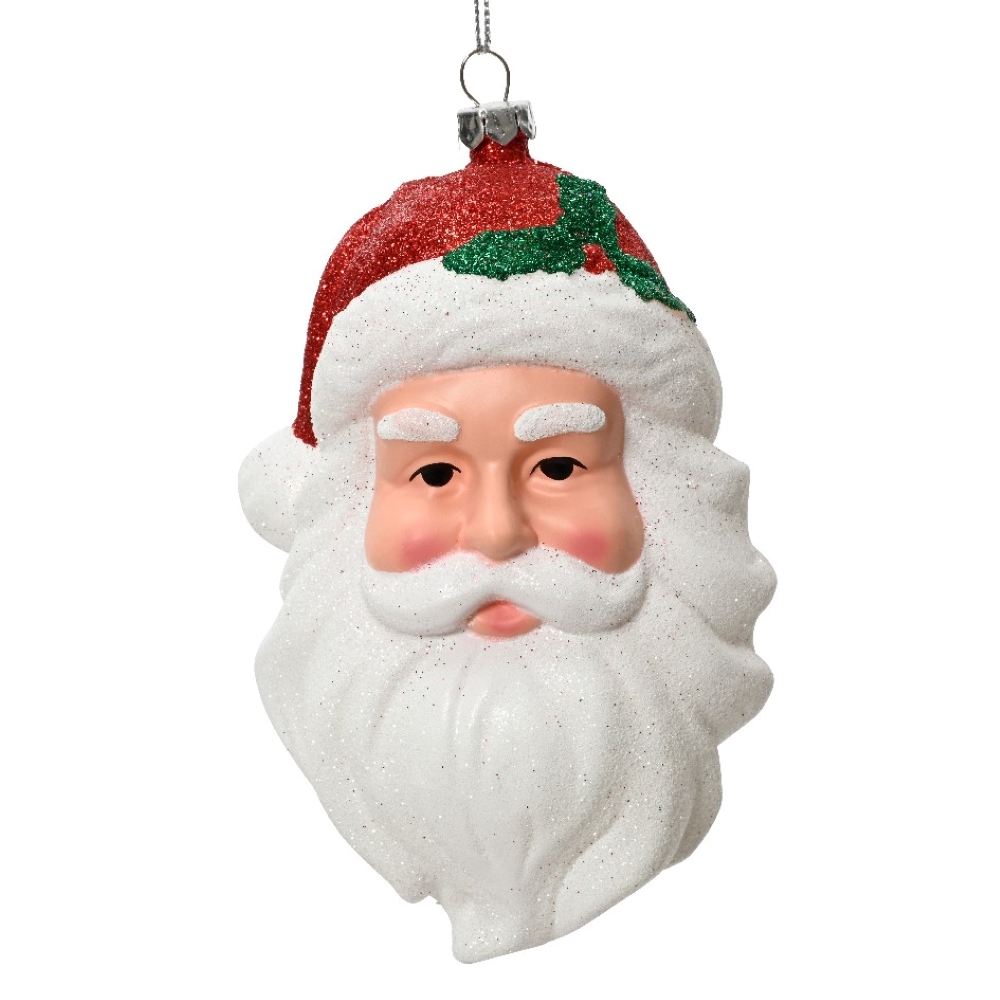 Shatterproof Santa With Red Glitter Hat And Green Leaves - 133mm