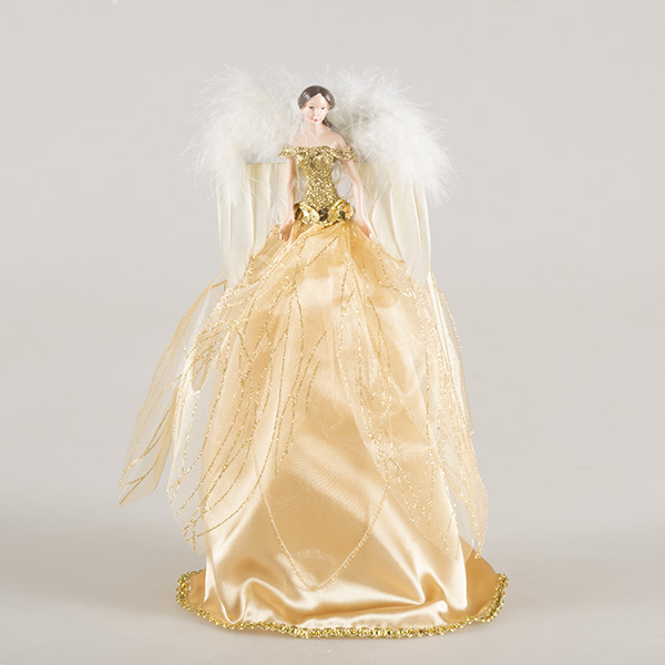 Tree Top Fairy With Gold Sheer Fabric Dress And Feather Wings - 28cm