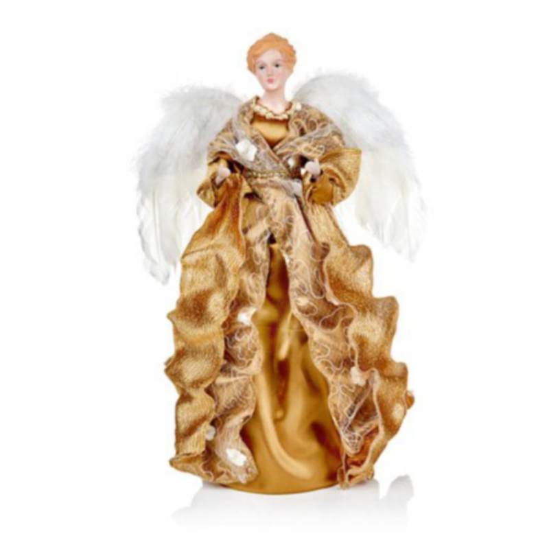 Gold Angel Tree Topper With White Feather Wings - 45cm
