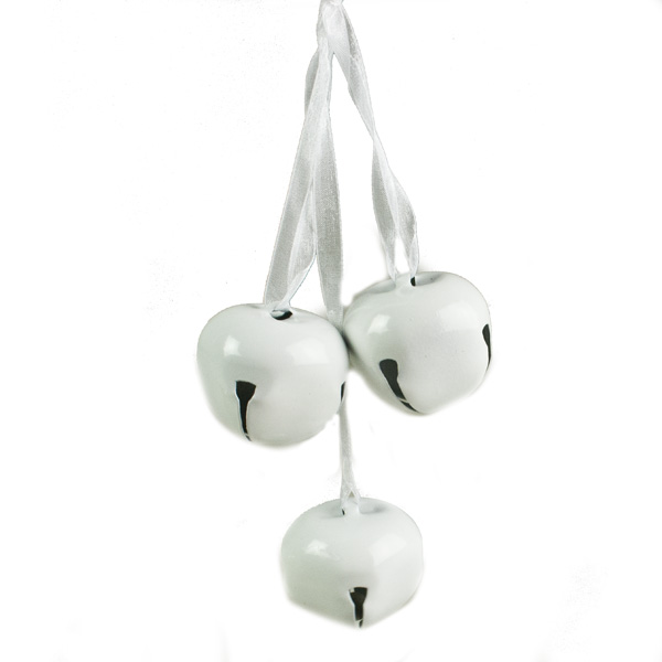 Cluster of 3 White Metal Jingle Bells on Ribbon - 23cm